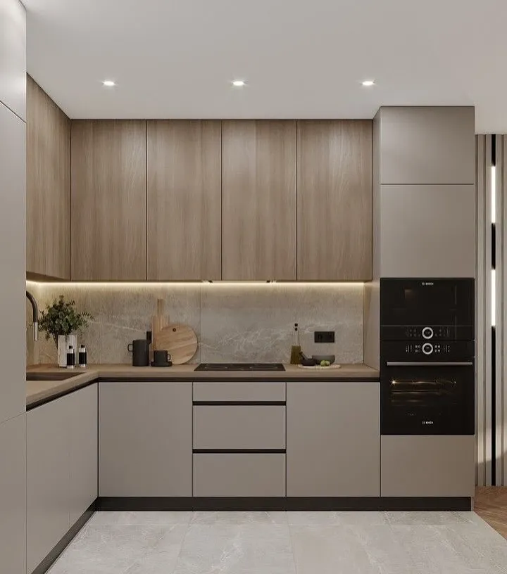 modern kitchen decor with warm wood cabinets