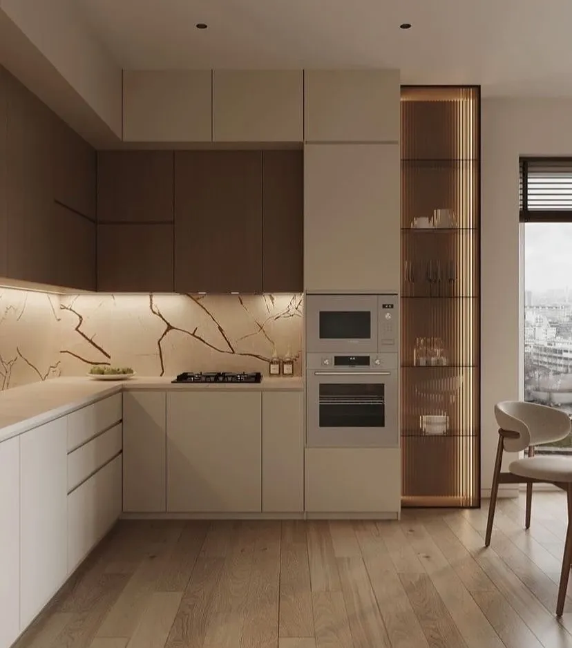 stylish kitchen storage with glass display cabinets