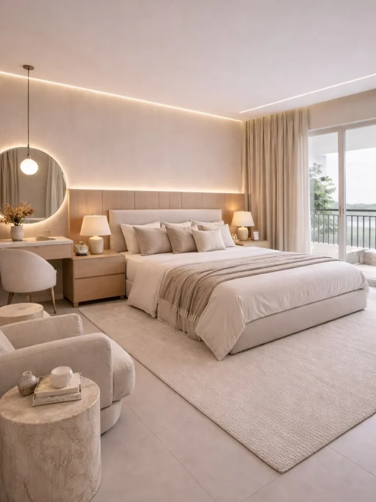 Elegant modern bedroom design with neutral tones and soft lighting