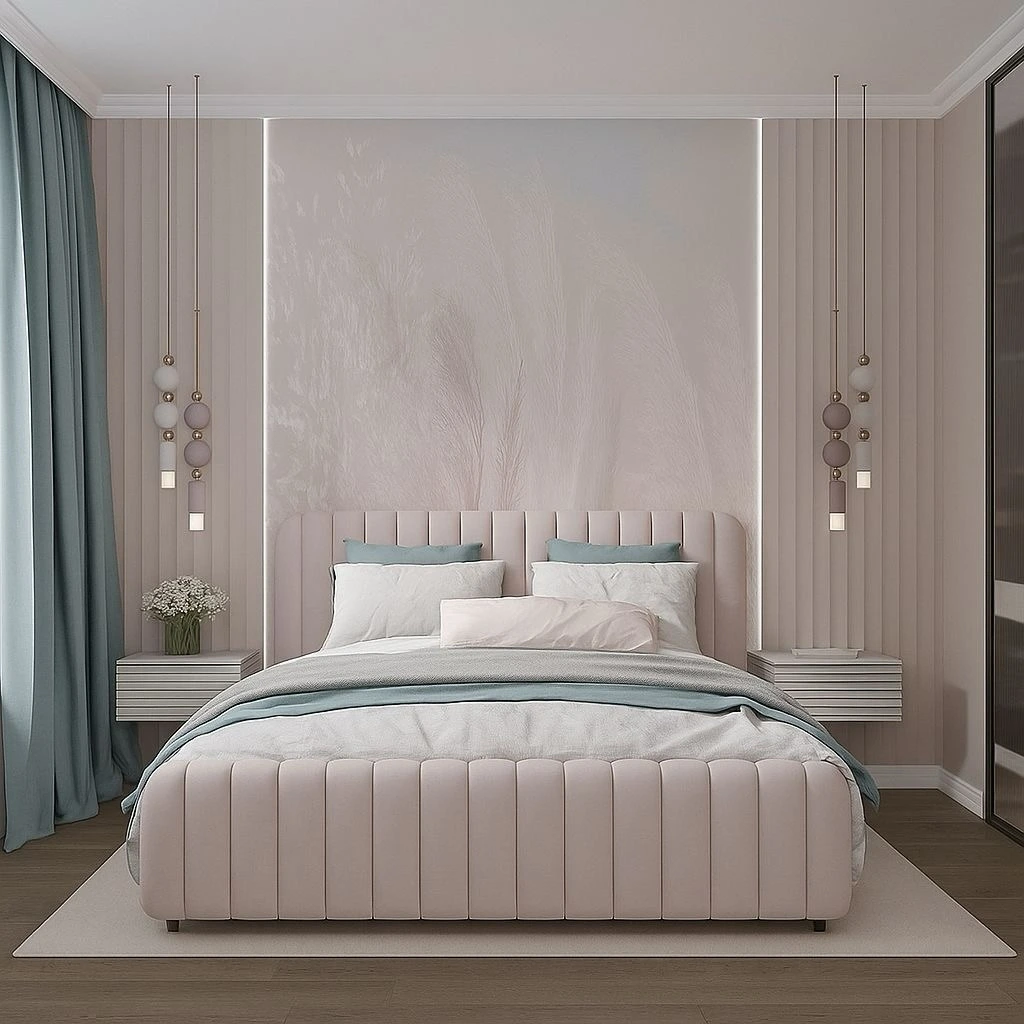 Luxury bedroom with textured feature wall and modern lighting