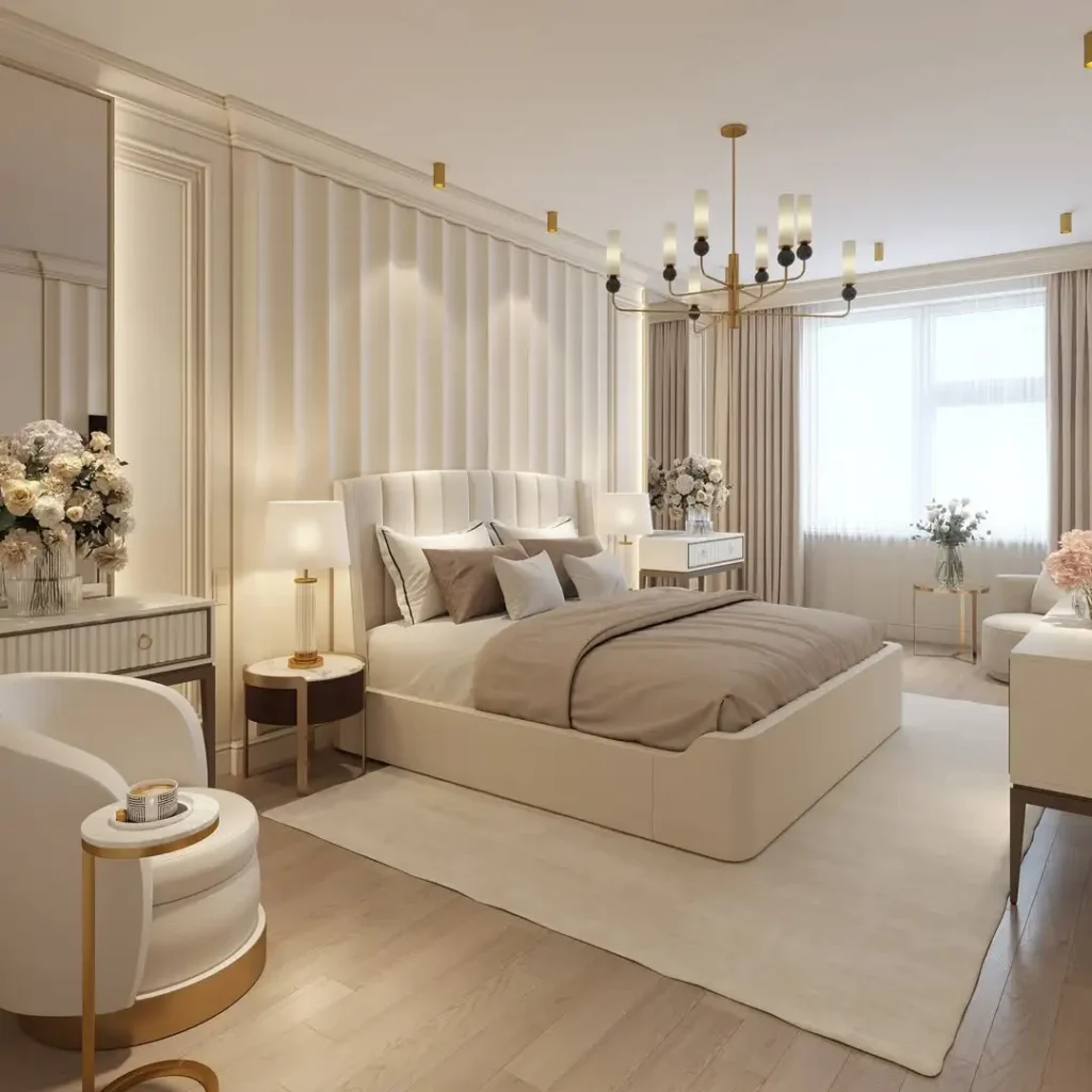 Modern bedroom with dark upholstered bed and textured accent wall