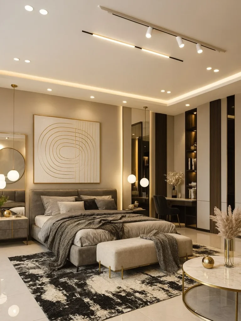 Elegant white bedroom interior with chandelier and layered bedding