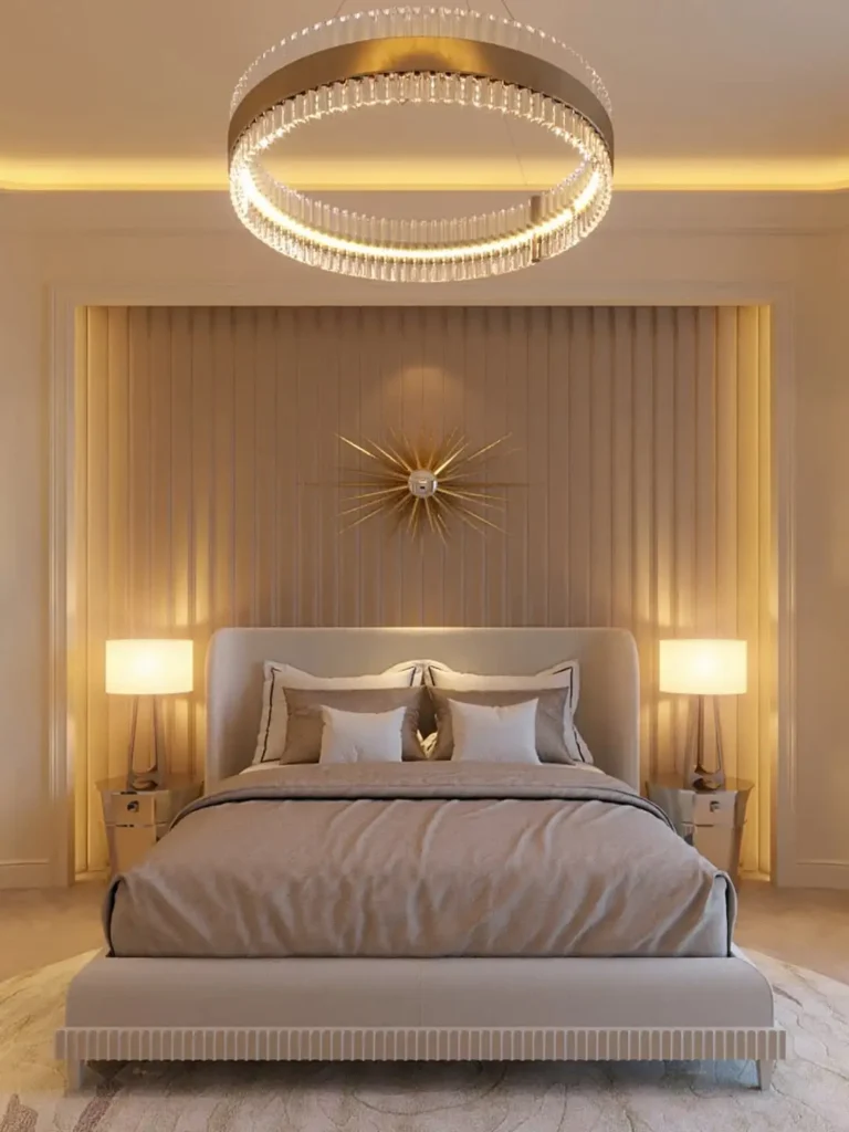 Modern bedroom with vertical wall panels and warm ambient lighting