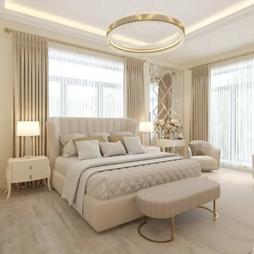 Contemporary bedroom with track ceiling lights and modern dressing unit