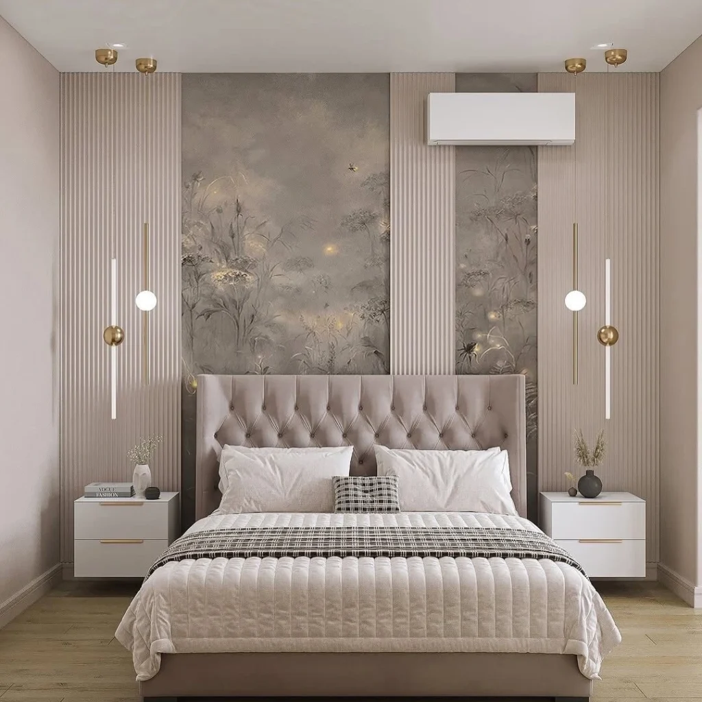 Modern bedroom with unique ceiling light and warm wall tones