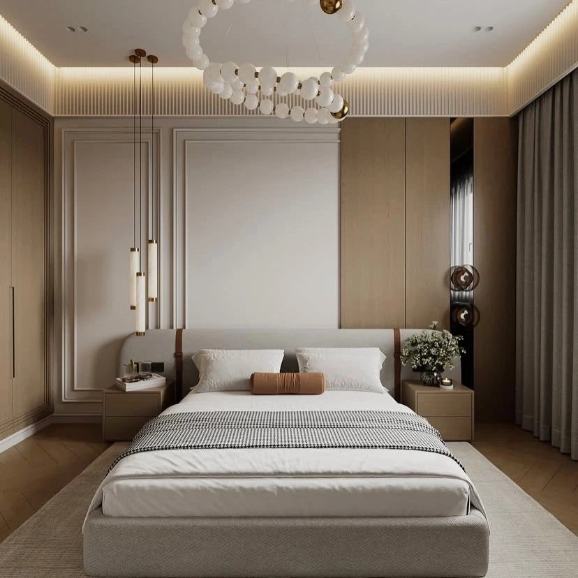 Luxury modern bedroom with panelled walls and ambient lighting