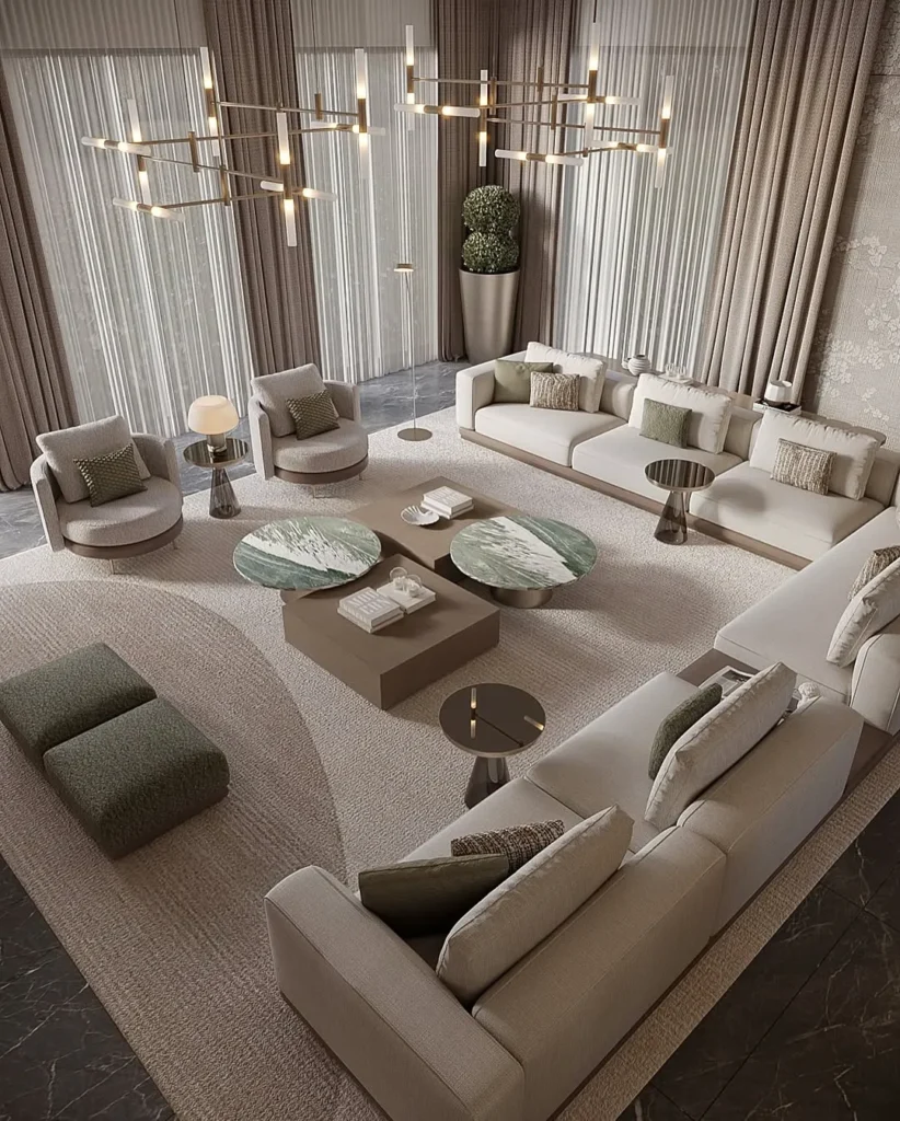 Modern luxury living room with fireplace and neutral furniture