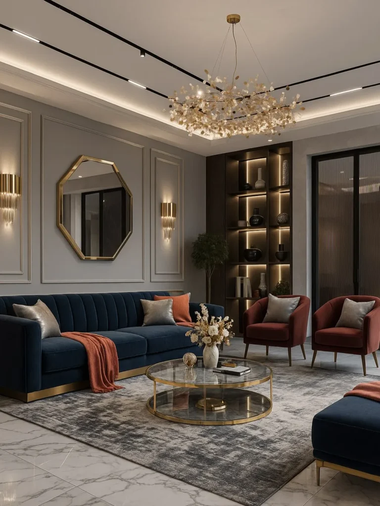Luxury modern living room design with elegant chandelier, neutral sofas, and contemporary decor