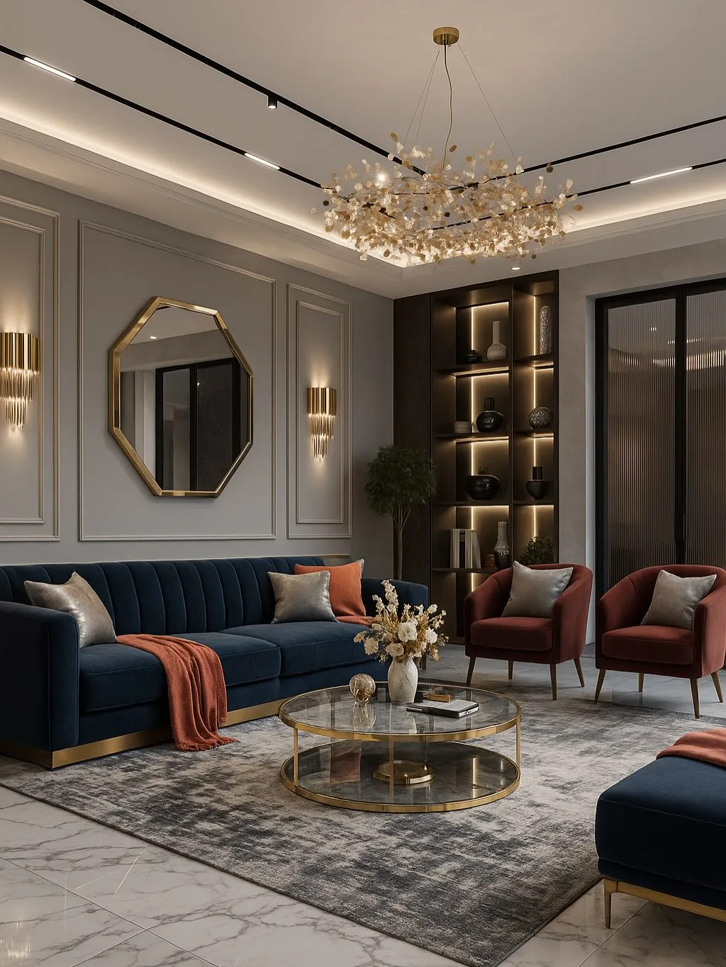 Luxury modern living room design with elegant chandelier, neutral sofas, and contemporary decor