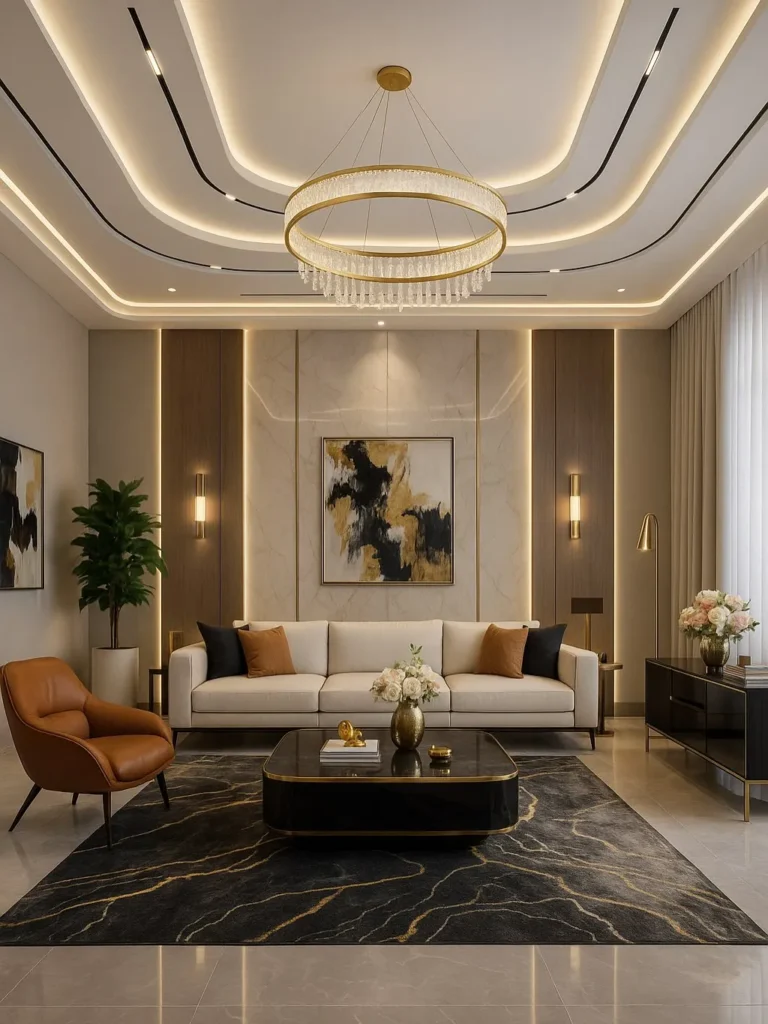 Cozy modern living room with curved sofa, soft lighting, and layered rug