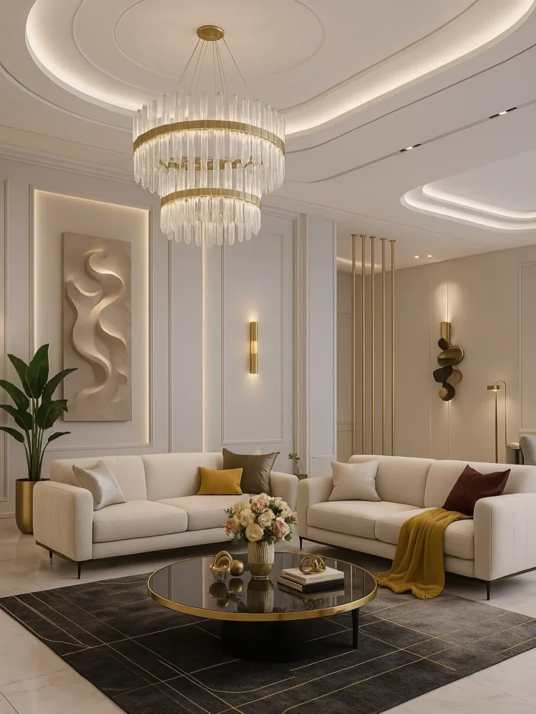 Modern living room with luxury TV wall, shelves, and ambient lighting