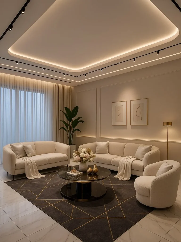 Warm living room with wooden textures, neutral sofa, and natural decor elements