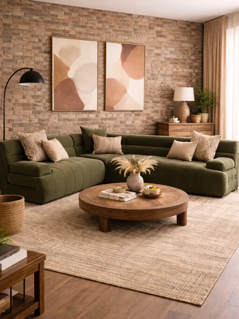 Earthy living room with brick wall, green sofa, and wooden coffee table