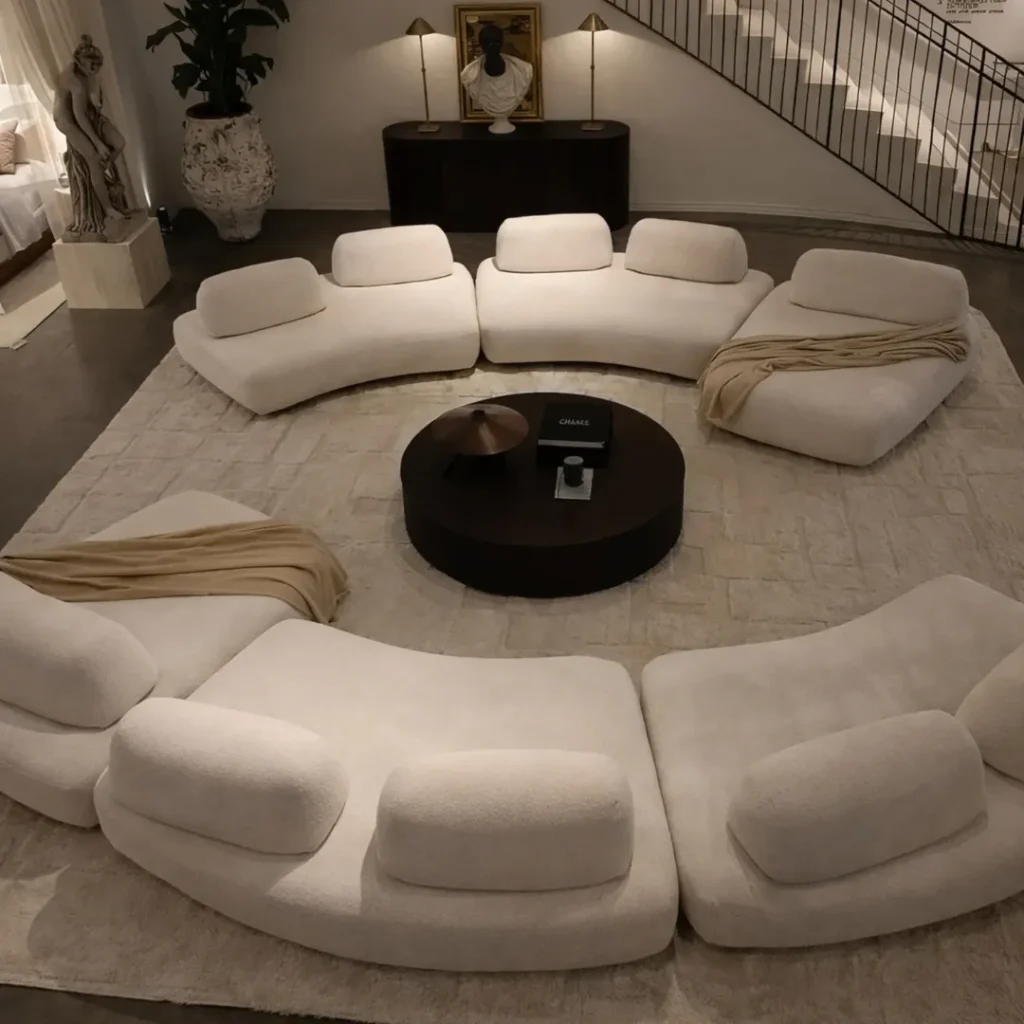 Minimalist luxury living room with soft neutral tones and modern furniture