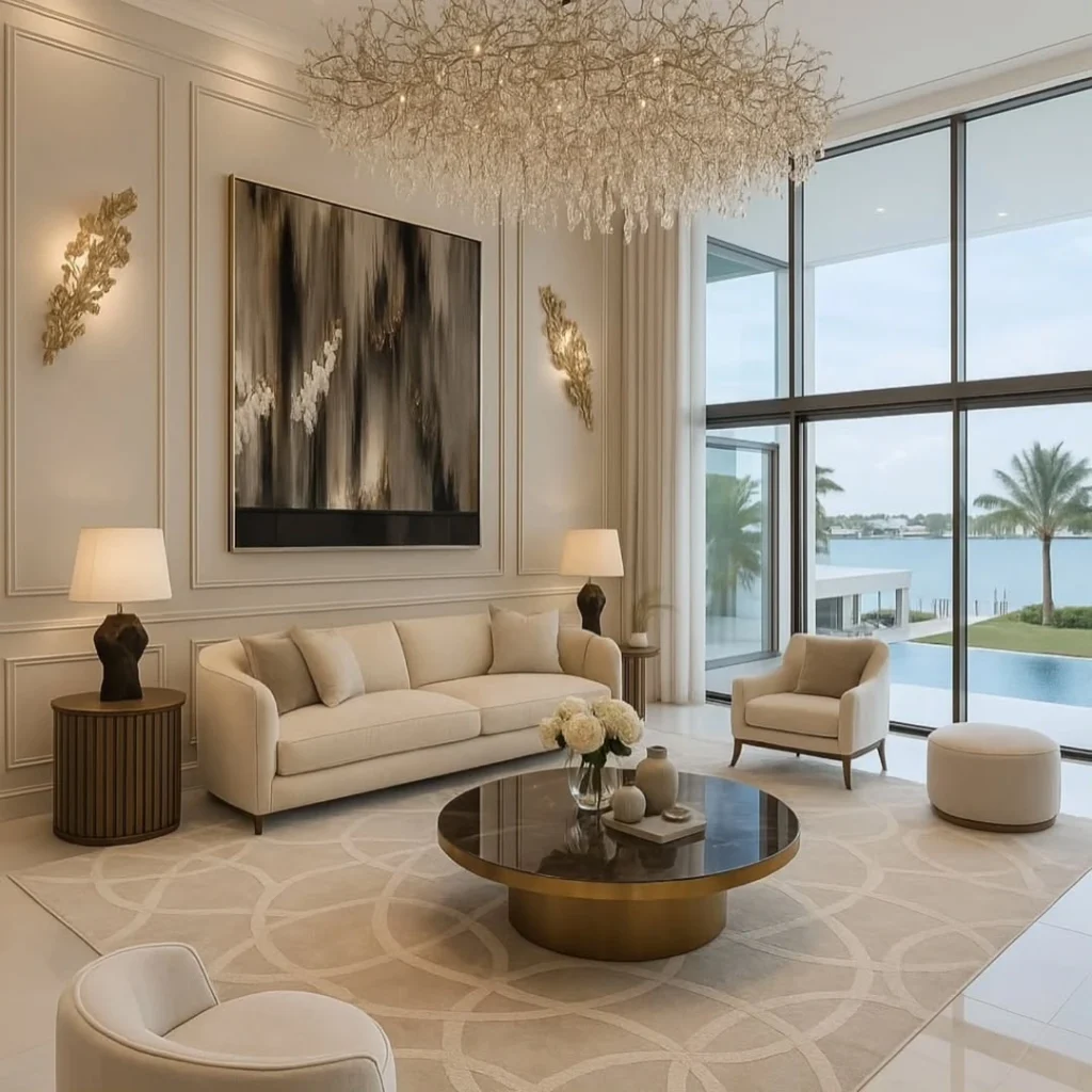12 Elegant Living Room Decor Ideas for a Modern Home 2 Luxury neutral living room with beige sofa, round coffee table, and large windows