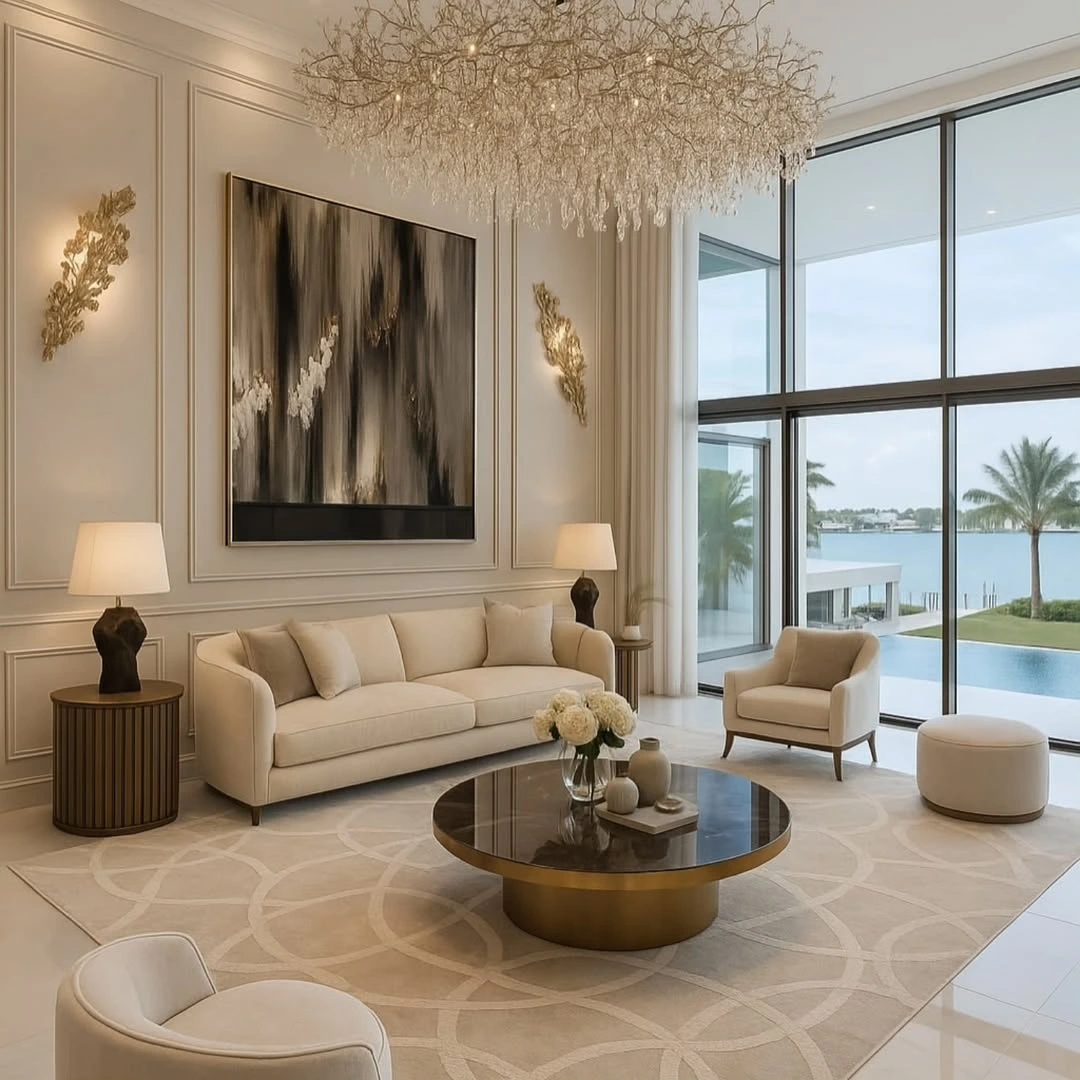 Luxury neutral living room with beige sofa, round coffee table, and large windows