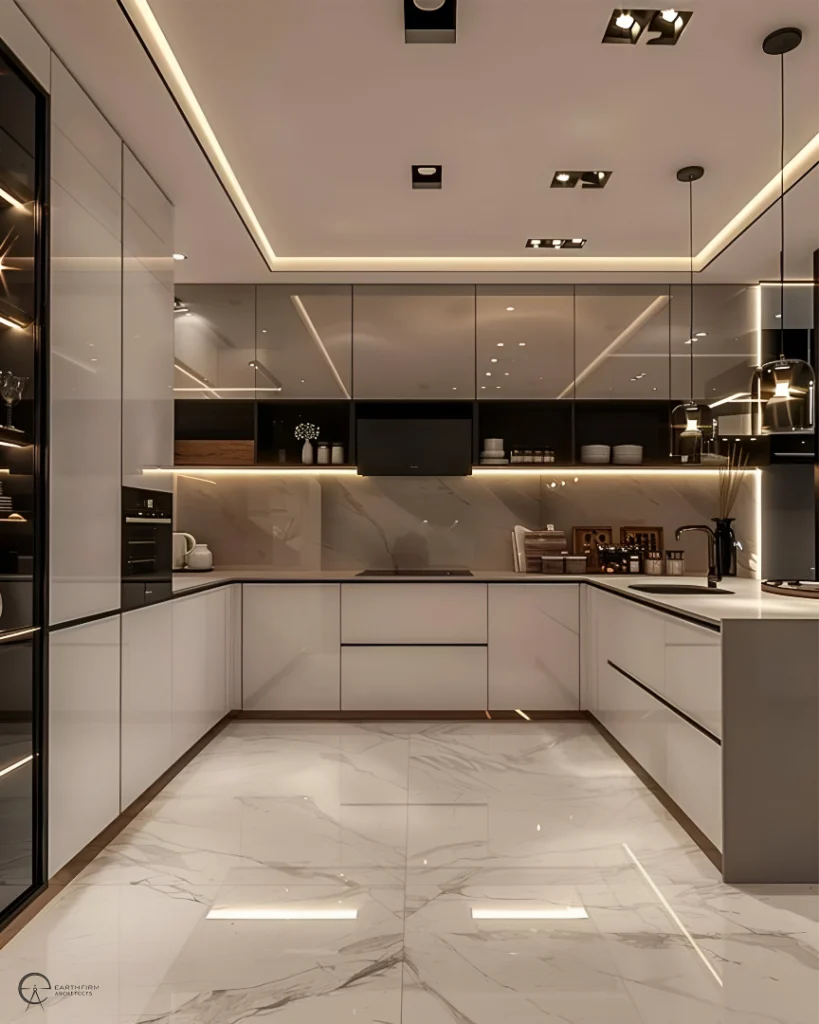 13+ Modern Kitchen Design Ideas for a Stylish and Functional Home 11 Modern kitchen with glass cabinets, integrated lighting, and sleek countertops