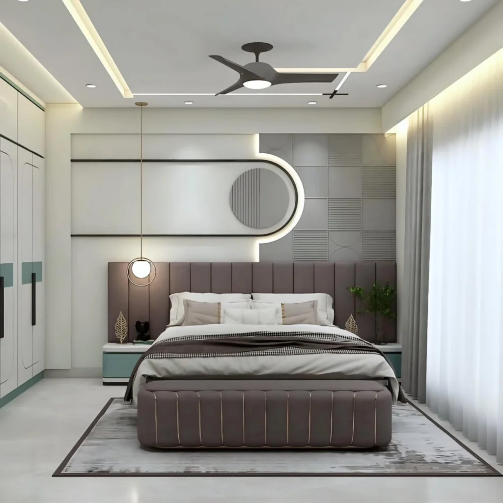 Modern Bedroom Design Ideas for a Stylish & Cozy Home 10 Modern bedroom featuring curved wall elements, soft lighting, upholstered bed, and elegant contemporary decor.