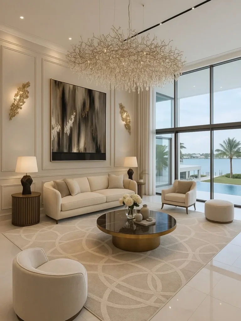 Modern Living Room Design Ideas That Feel Luxurious Yet Cozy 3 Luxury living room with sculptural chandelier and elegant modern furniture