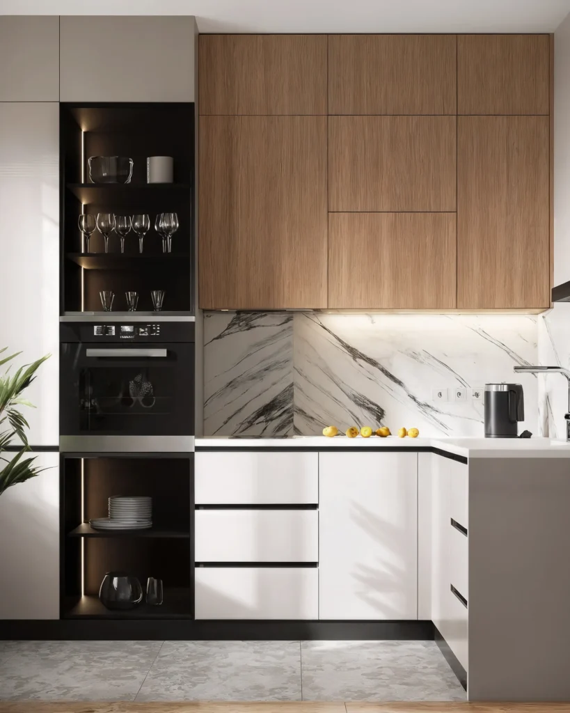 13+ Modern Kitchen Design Ideas for a Stylish and Functional Home 12 Modern kitchen with pastel cabinets, open shelving, and organized storage