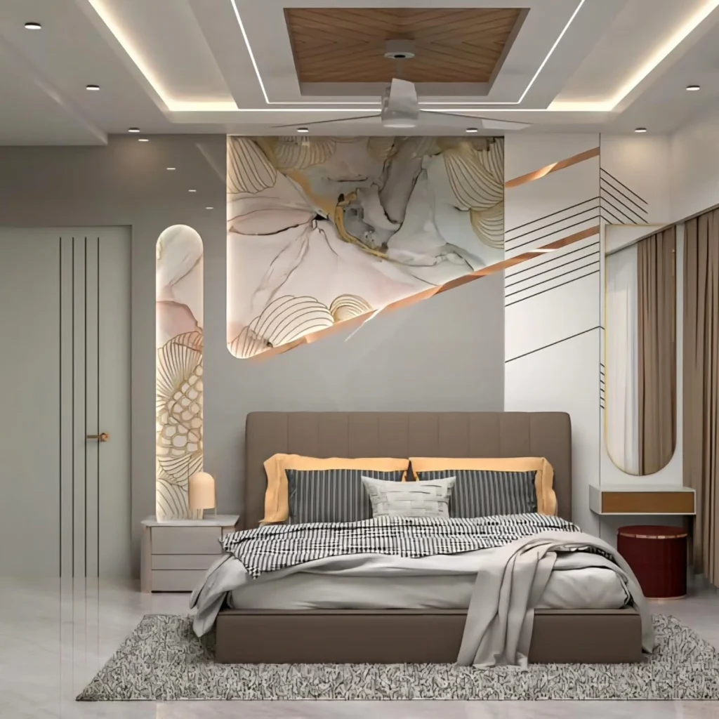 Modern Bedroom Design Ideas for a Stylish & Cozy Home 11 Elegant bedroom interior with statement ceiling design, warm LED lighting, upholstered bed, and modern luxury decor.