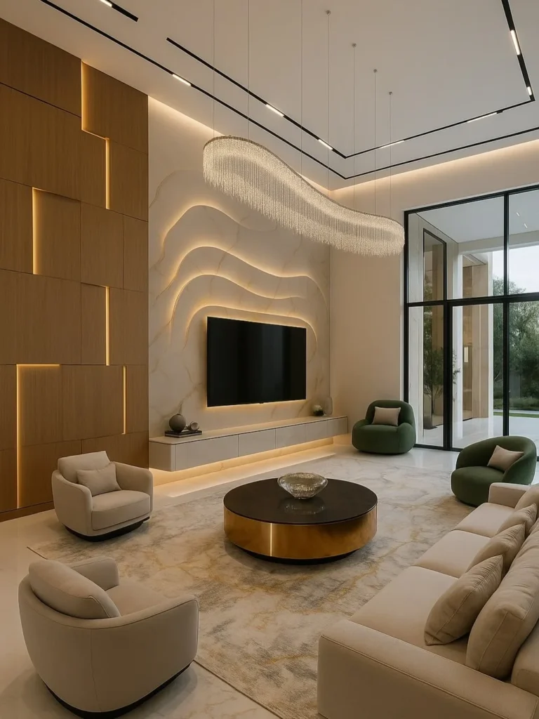 Modern Living Room Design Ideas That Feel Luxurious Yet Cozy 5 Luxury living room with textured wall panels, modern TV unit, and ambient lighting