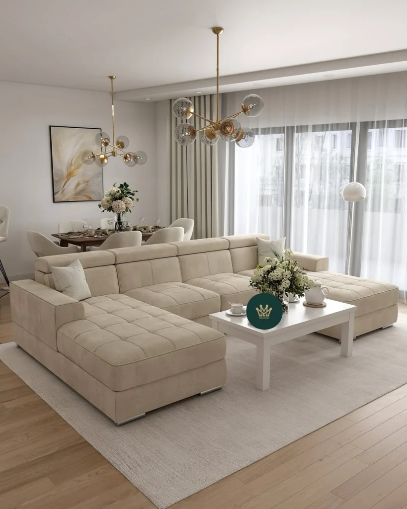 12 Elegant Living Room Decor Ideas for a Modern Home 12 Elegant living room with neutral rug, sectional sofa, and modern lighting