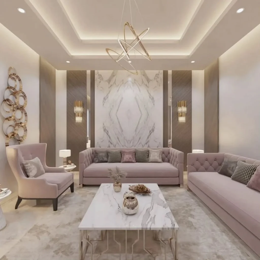12 Elegant Living Room Decor Ideas for a Modern Home 3 Modern living room with statement chandelier and marble accent wall
