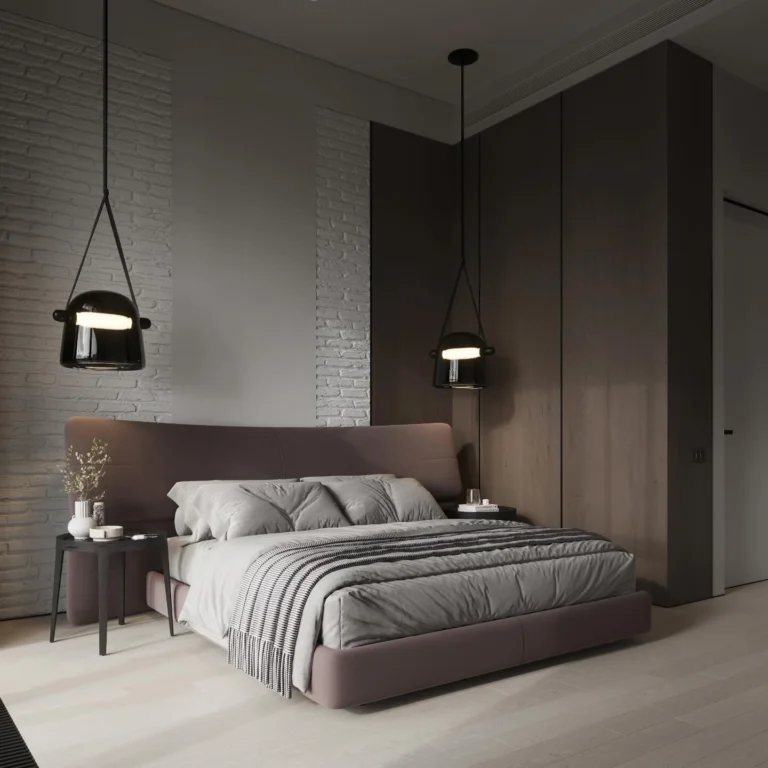 Modern bedroom featuring a soft upholstered bed, warm neutral color palette, textured wall panels, and elegant pendant lighting.