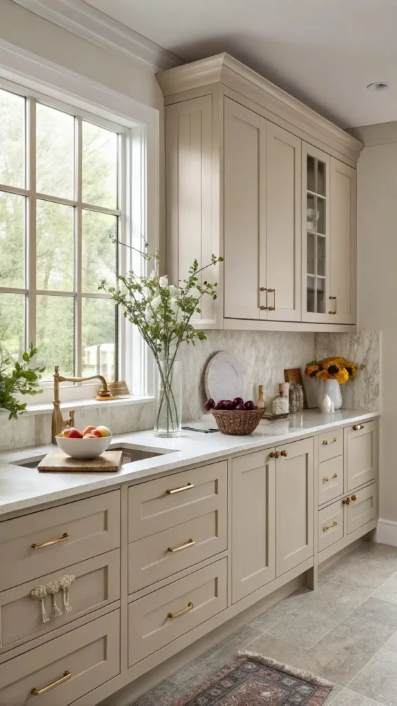 13+ Modern Kitchen Design Ideas for a Stylish and Functional Home 4 Neutral modern kitchen with beige cabinets, marble backsplash, and natural light