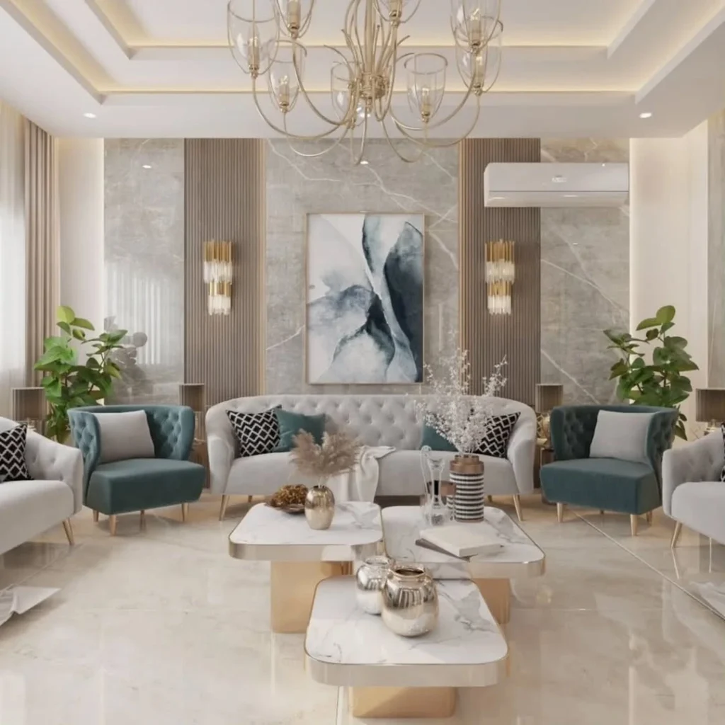 12 Elegant Living Room Decor Ideas for a Modern Home 4 Elegant living room with marble wall design, luxury sofas, and warm lighting