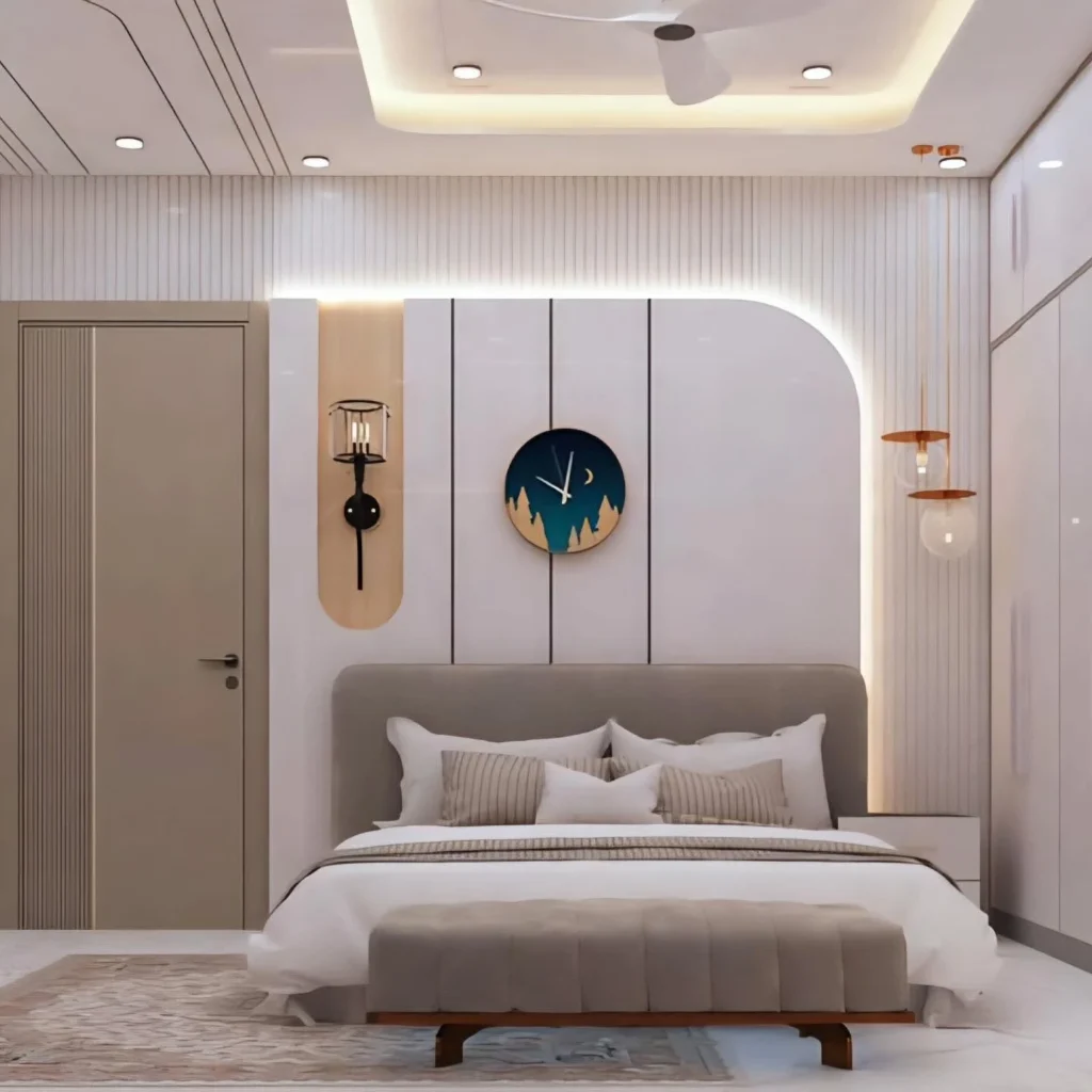 Modern Bedroom Design Ideas for a Stylish & Cozy Home 3 Minimalist bedroom design with curved wall panel, ambient LED lighting, modern headboard, and soft neutral decor.