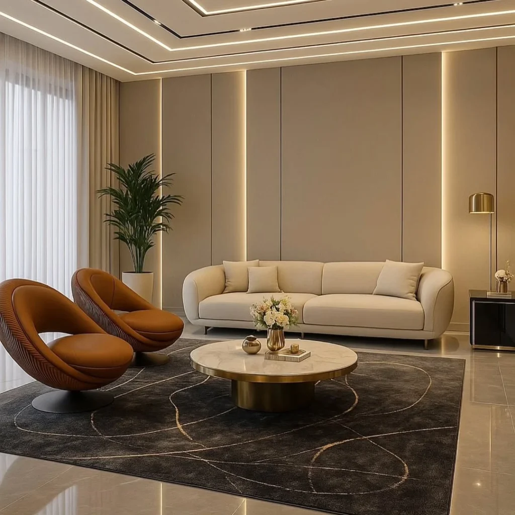 12 Elegant Living Room Decor Ideas for a Modern Home 5 Modern living room with soft beige sofa, accent chairs, and warm LED lighting