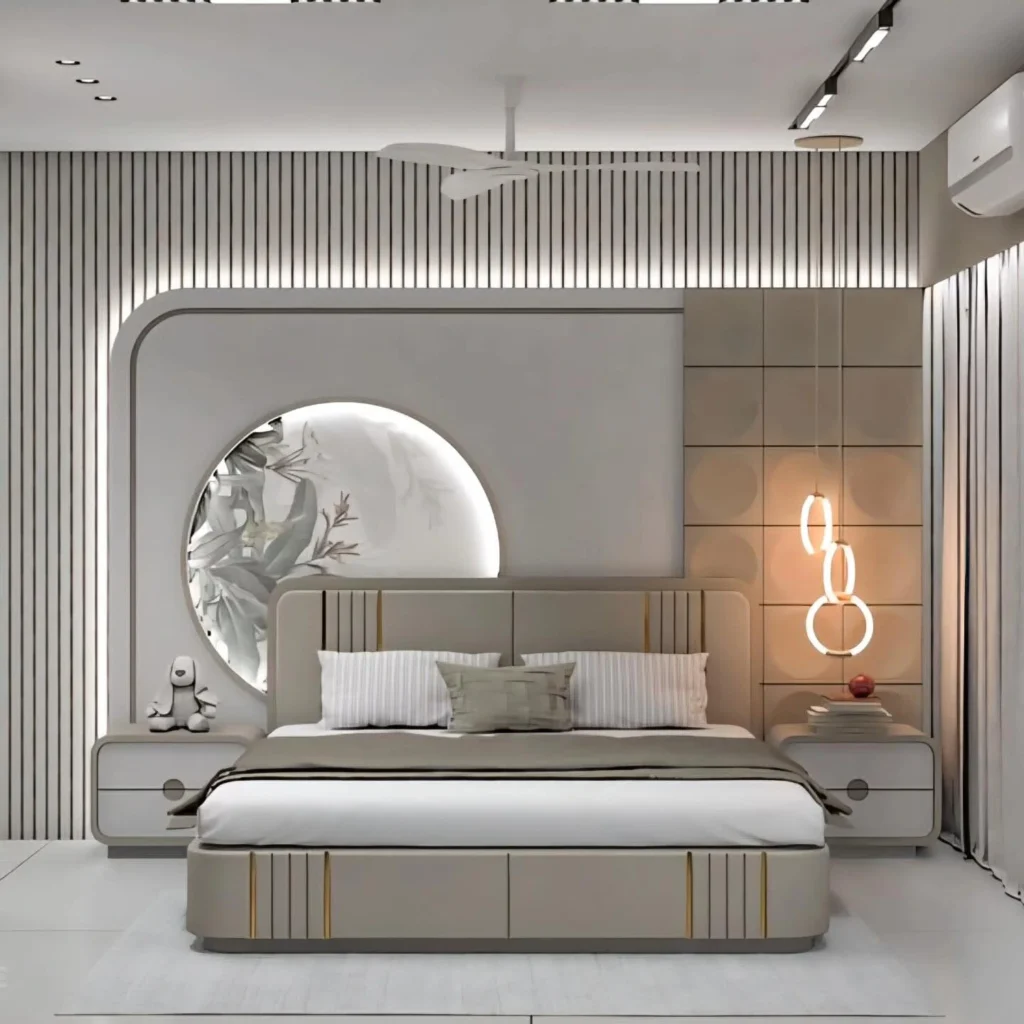 Modern Bedroom Design Ideas for a Stylish & Cozy Home 4 Contemporary bedroom interior with geometric wall design, modern bed frame, accent lighting, and sleek decorative elements.