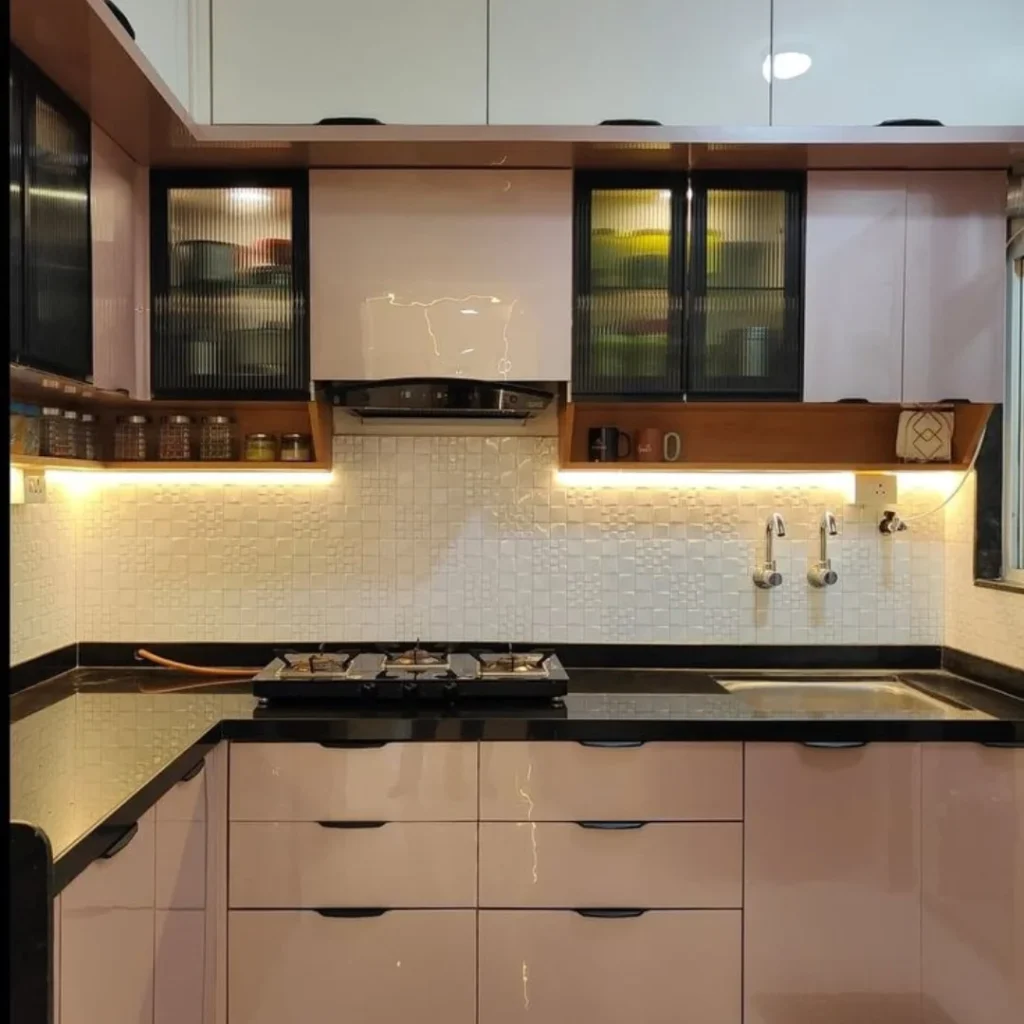 13+ Modern Kitchen Design Ideas for a Stylish and Functional Home 6 Modern kitchen with warm LED lighting, wooden cabinets, and marble flooring