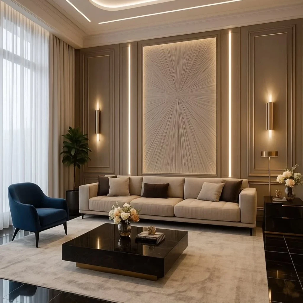 12 Elegant Living Room Decor Ideas for a Modern Home 6 Elegant living room with classic wall paneling, modern lighting, and neutral decor