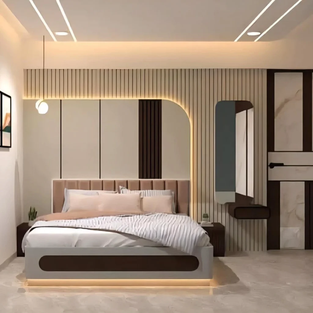 Modern Bedroom Design Ideas for a Stylish & Cozy Home 5 Cozy modern bedroom featuring soft textures, layered lighting, stylish wall panels, and a warm inviting layout.