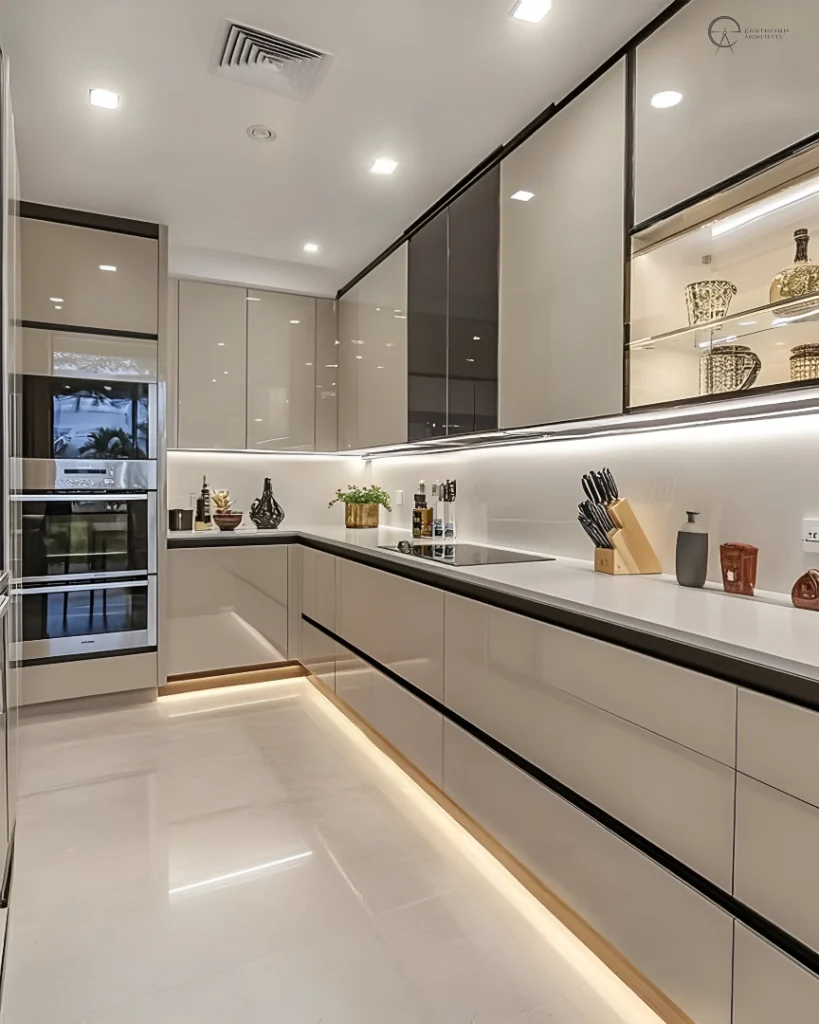 13+ Modern Kitchen Design Ideas for a Stylish and Functional Home 7 Minimalist modern kitchen with clean lines, glossy cabinets, and soft lighting