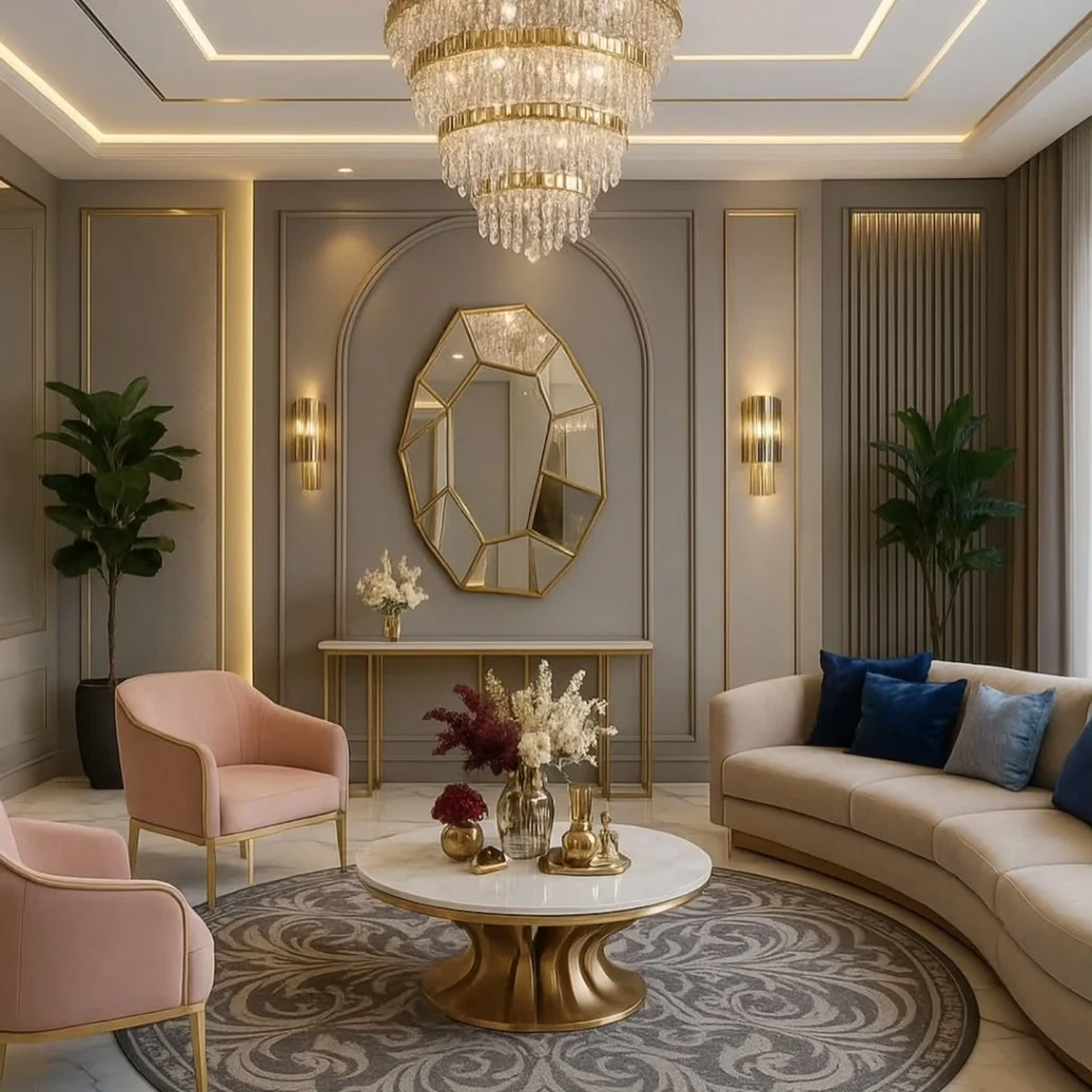 12 Elegant Living Room Decor Ideas for a Modern Home 7 Luxury living room with crystal chandelier, gold accents, and modern furniture