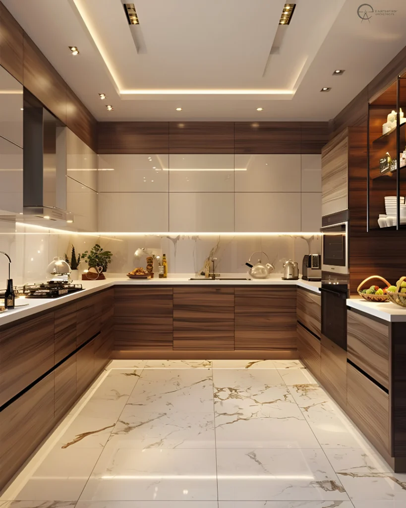 13+ Modern Kitchen Design Ideas for a Stylish and Functional Home 8 Compact modern kitchen with smart storage, open shelves, and warm lighting