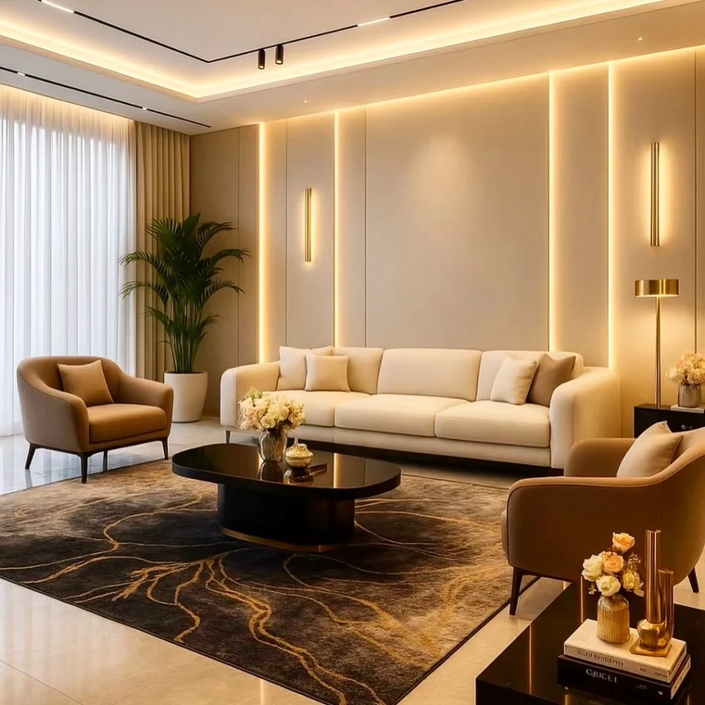 12 Elegant Living Room Decor Ideas for a Modern Home 8 Modern living room with warm LED wall lighting and neutral furniture