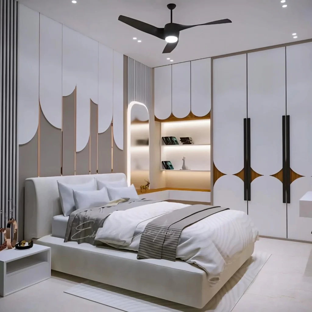 Modern Bedroom Design Ideas for a Stylish & Cozy Home 7 Modern bedroom with artistic wall mural, ambient ceiling lighting, upholstered bed, and contemporary decor elements.