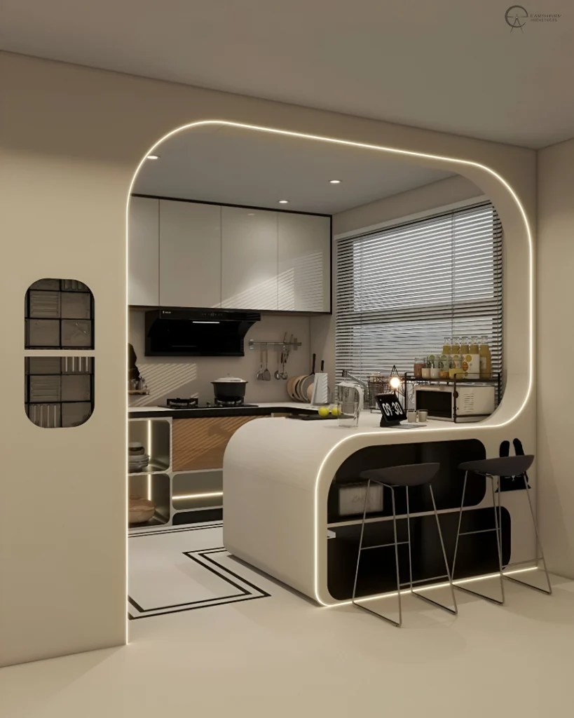 13+ Modern Kitchen Design Ideas for a Stylish and Functional Home 9 Open modern kitchen with curved island, breakfast counter, and LED lighting