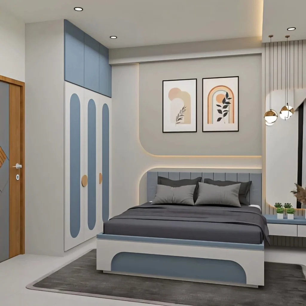 Modern Bedroom Design Ideas for a Stylish & Cozy Home 8 Stylish bedroom featuring blue and neutral color scheme, modern bed design, soft lighting, and minimal decor.