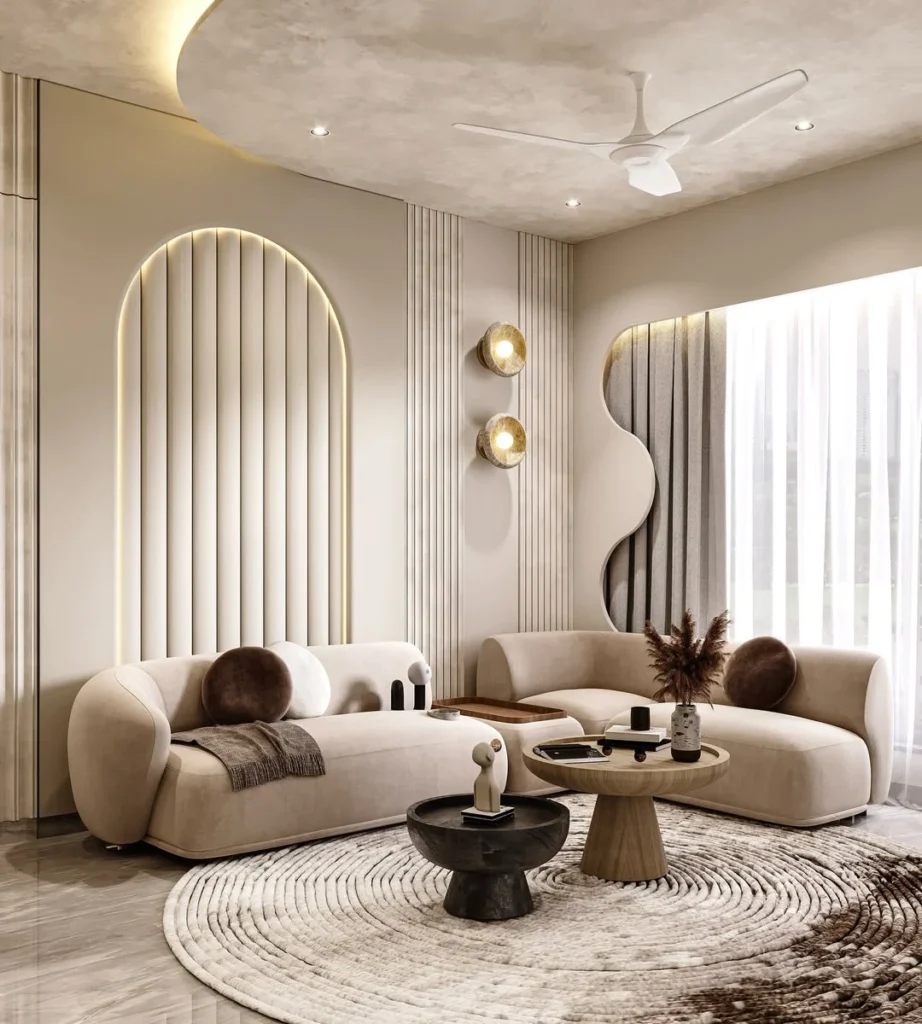 12 Elegant Living Room Decor Ideas for a Modern Home 9 Minimalist living room with curved sofas, textured rug, and soft lighting