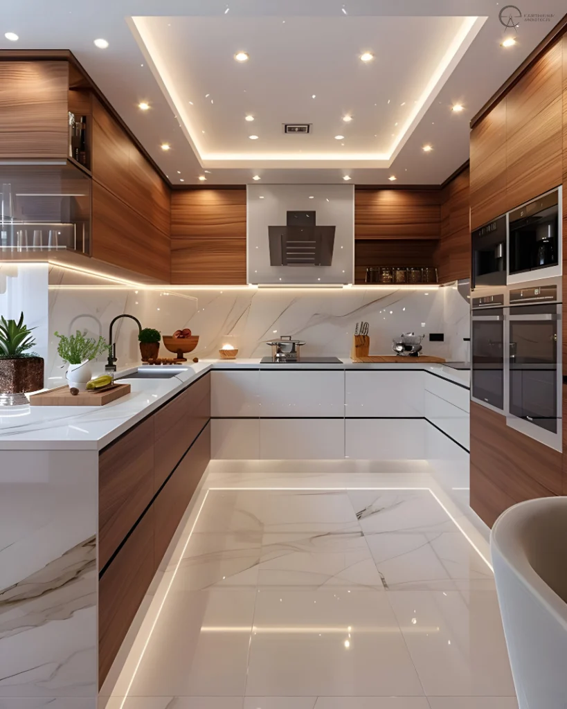 13+ Modern Kitchen Design Ideas for a Stylish and Functional Home 10 Luxury modern kitchen with marble flooring, wooden cabinets, and recessed lighting