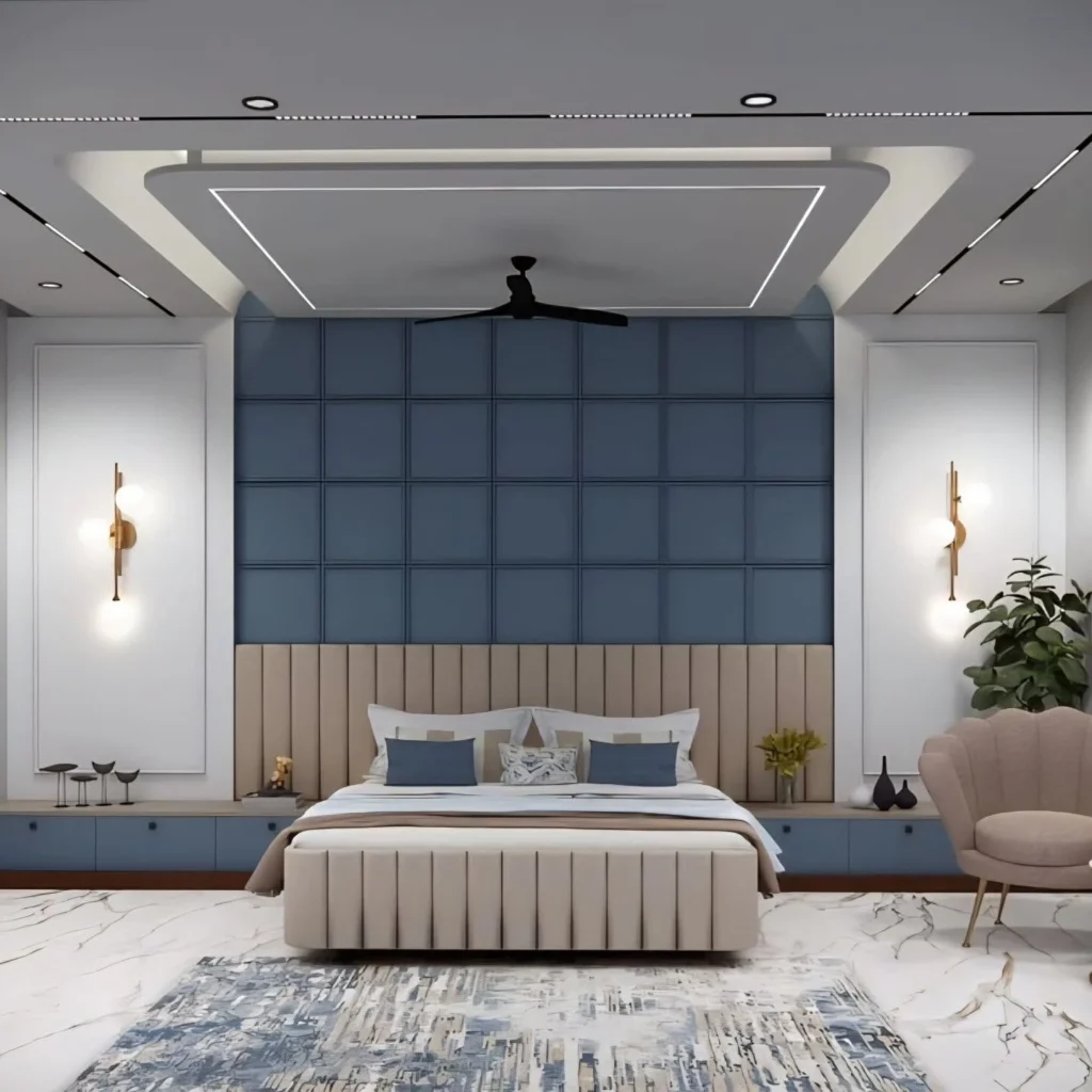 Modern Bedroom Design Ideas for a Stylish & Cozy Home 9 Luxury master bedroom with symmetrical layout, upholstered bed, statement lighting, and modern wall paneling.