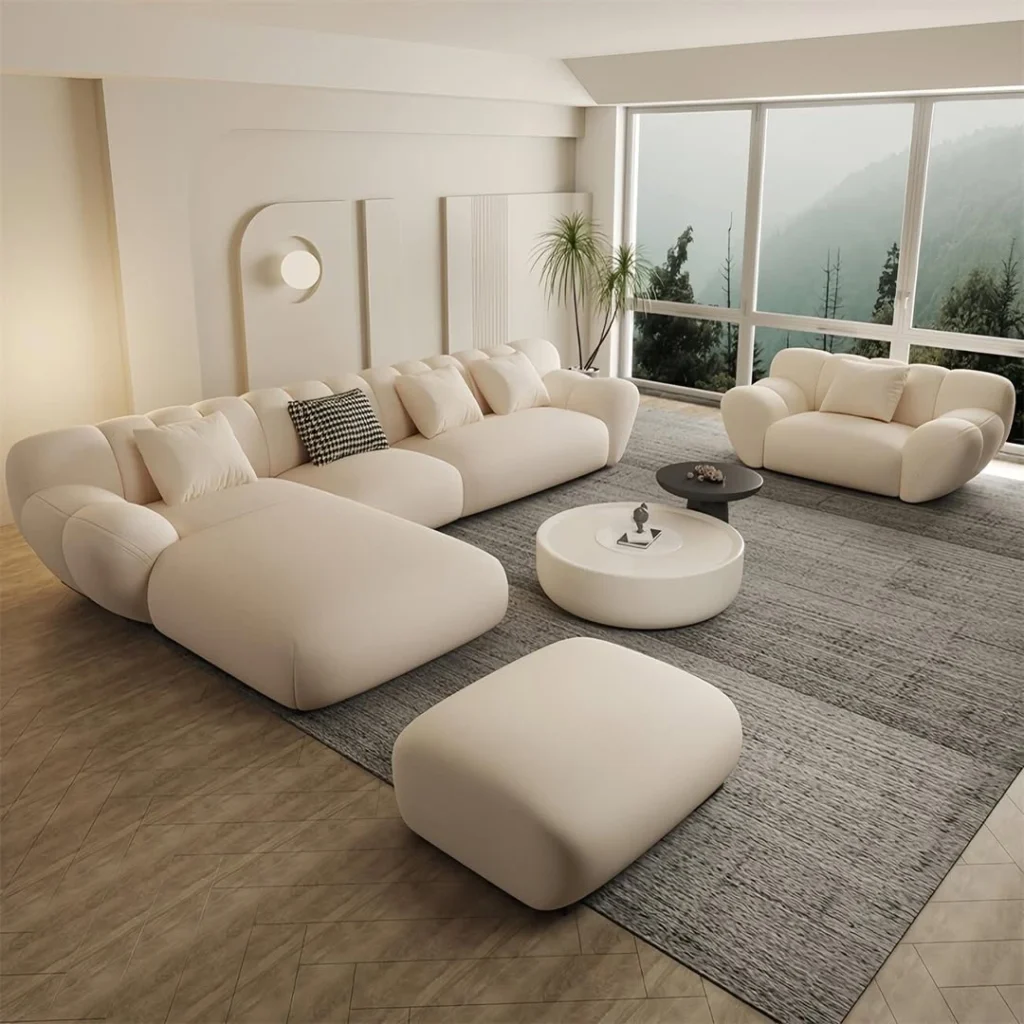 Luxury Living Room Design Ideas: Creating a Modern Elegant Space 2 modern neutral luxury living room with curved sectional sofa and panoramic windows