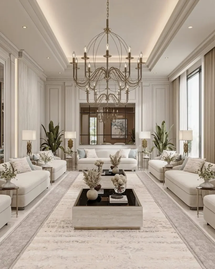Luxury Living Room Design Ideas: Creating a Modern Elegant Space 11 grand luxury living room with multiple sofas and central statement chandelier