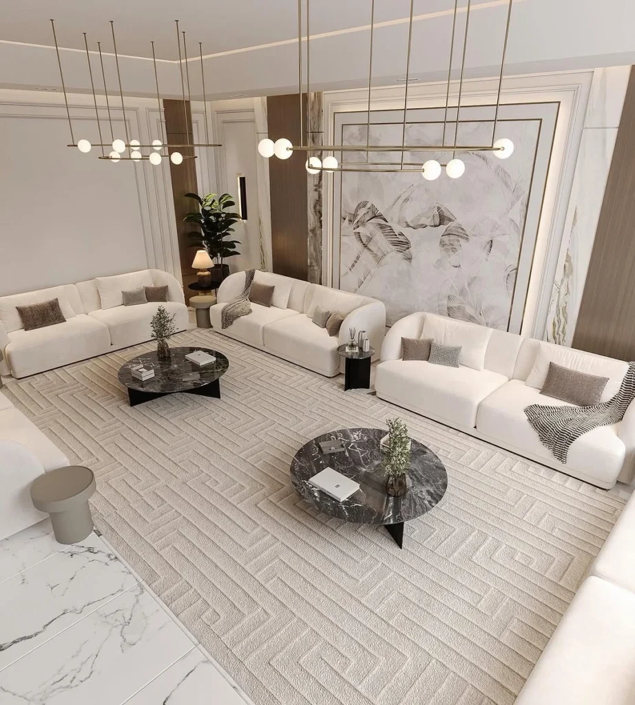 Luxury Living Room Design Ideas: Creating a Modern Elegant Space 8 luxury living room with marble coffee tables and modern pendant lighting